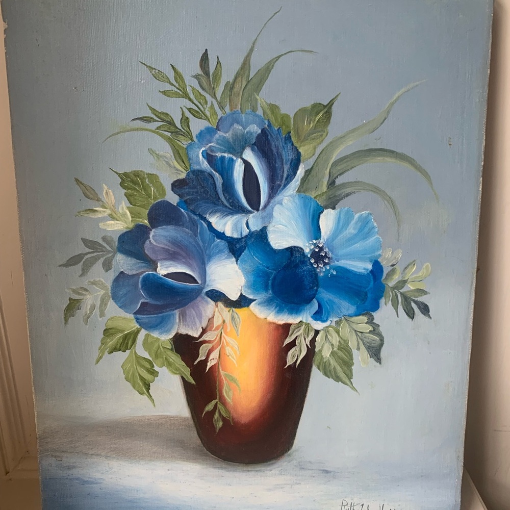Blue Floral Vase Oil Painting Signed